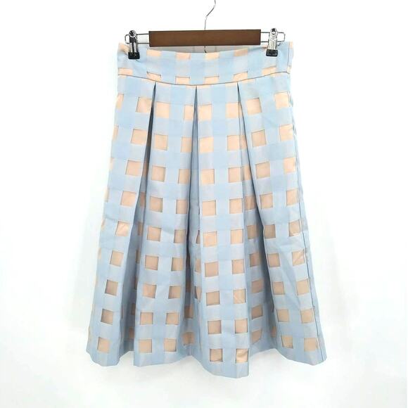 Eliza J Blue & Tan Checked Pleated Windowpane Midi Skirt Semiformal Sz 6 - Picture 4 of 11